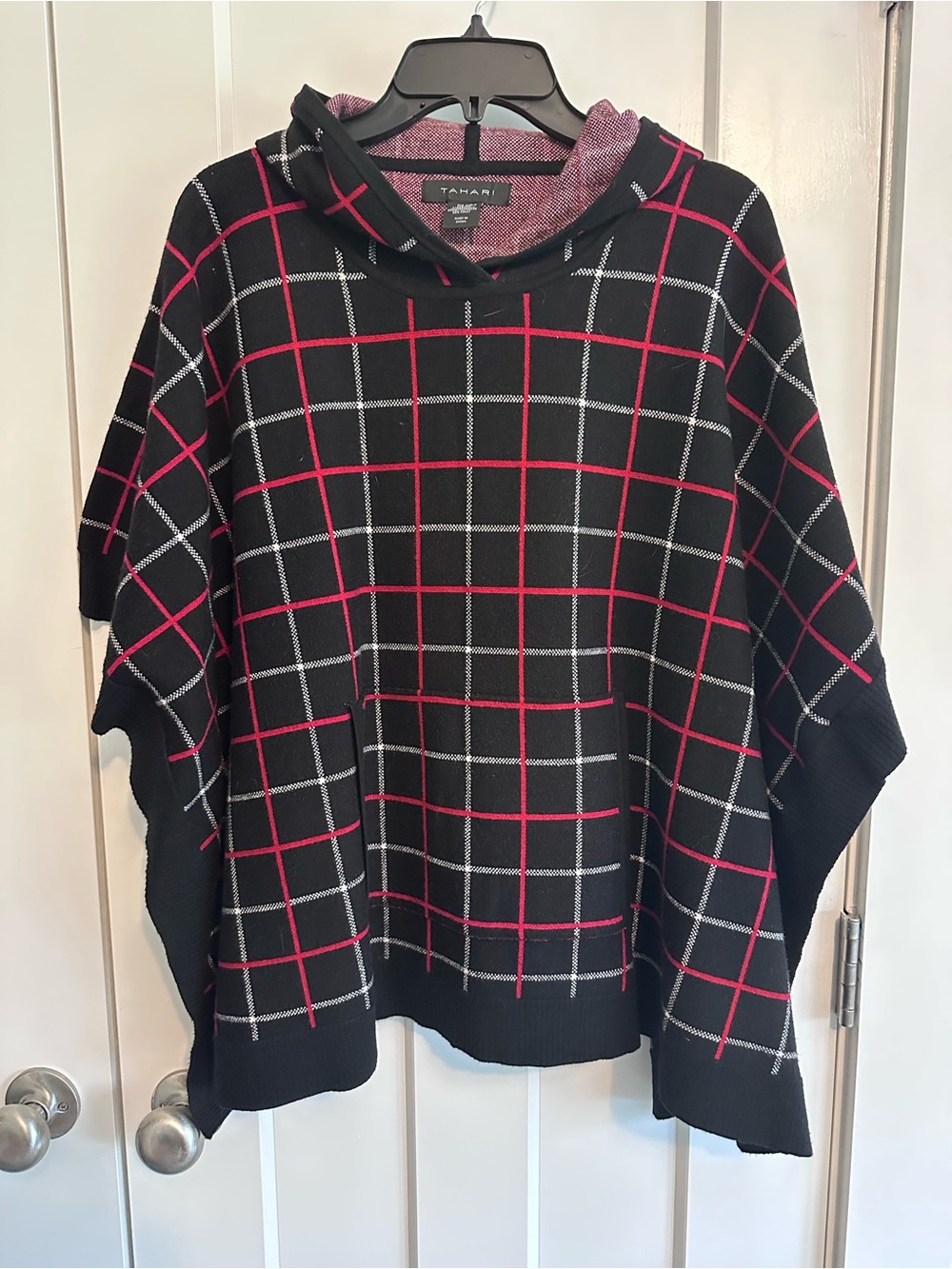 Tahari Black Poncho Sweater with Red and White Windowpane